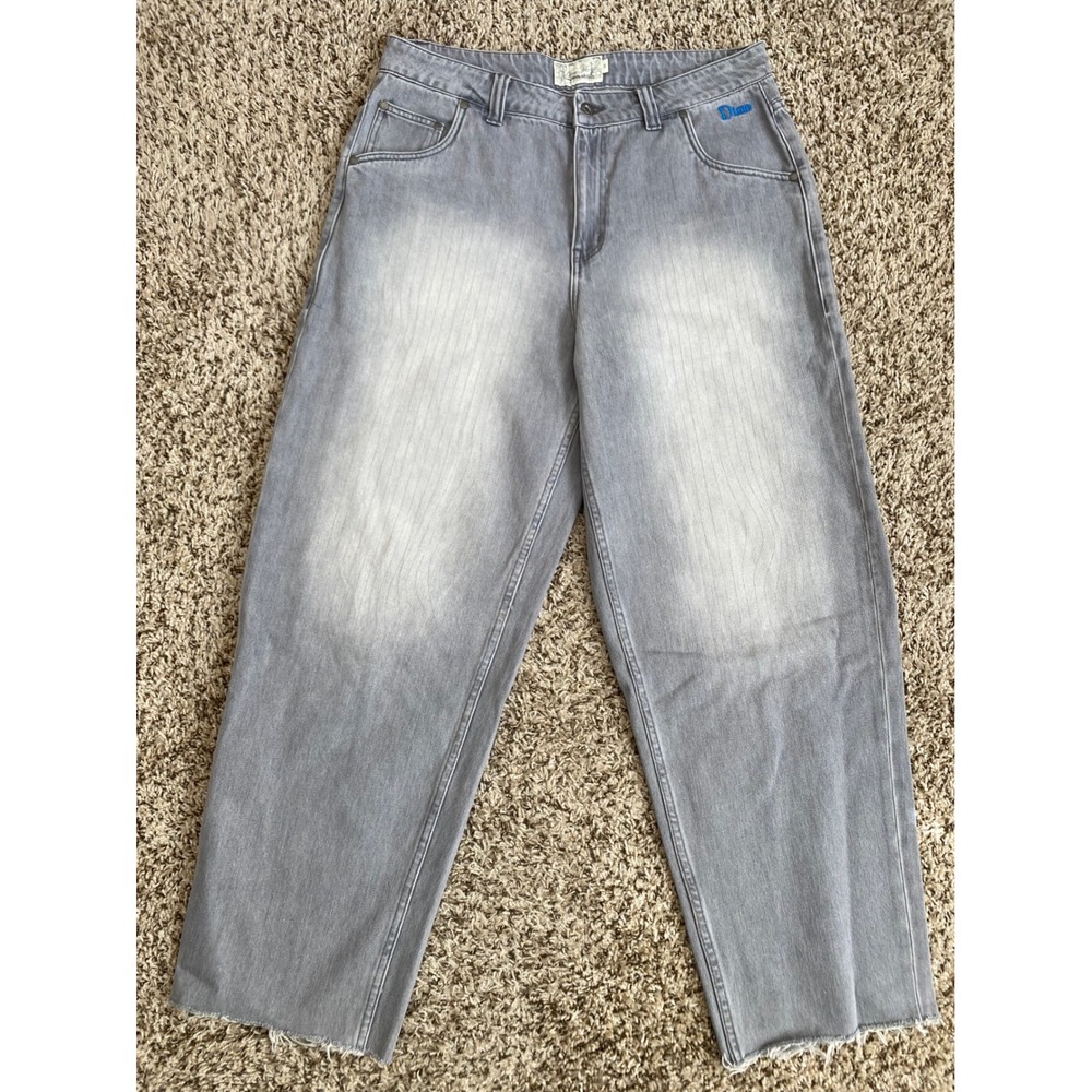 Dime MTL Baggy Denim Jeans Grey Pinstripe Raw Hem Skate Mens 34 Y2K